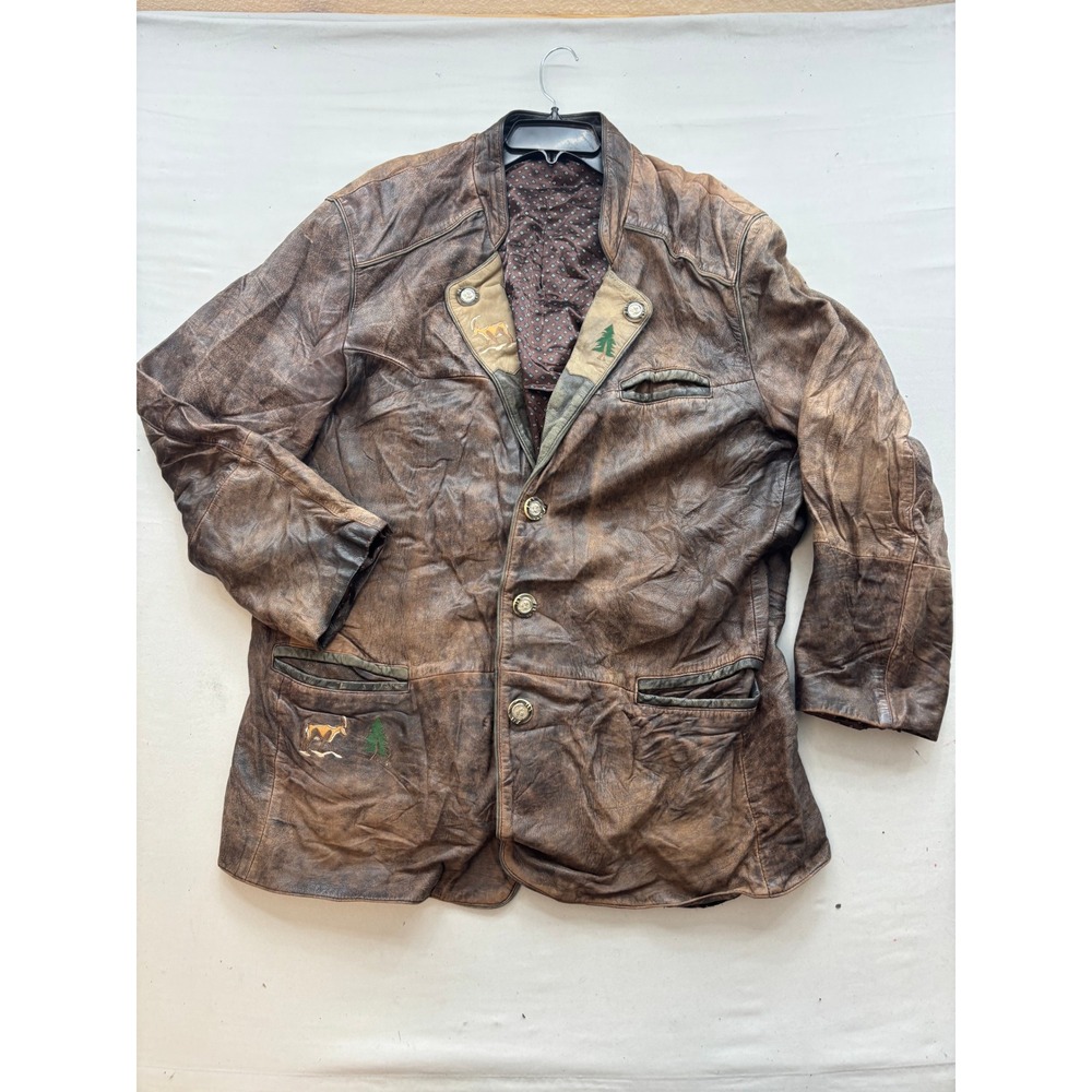 Vintage German Trachten Sheep Leather Jacket Distressed Bavarian Alpine Brown L